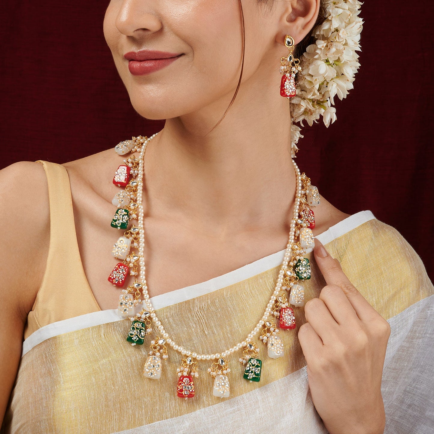 Teejh Idhika Red-White-Green  Beaded Necklace Set