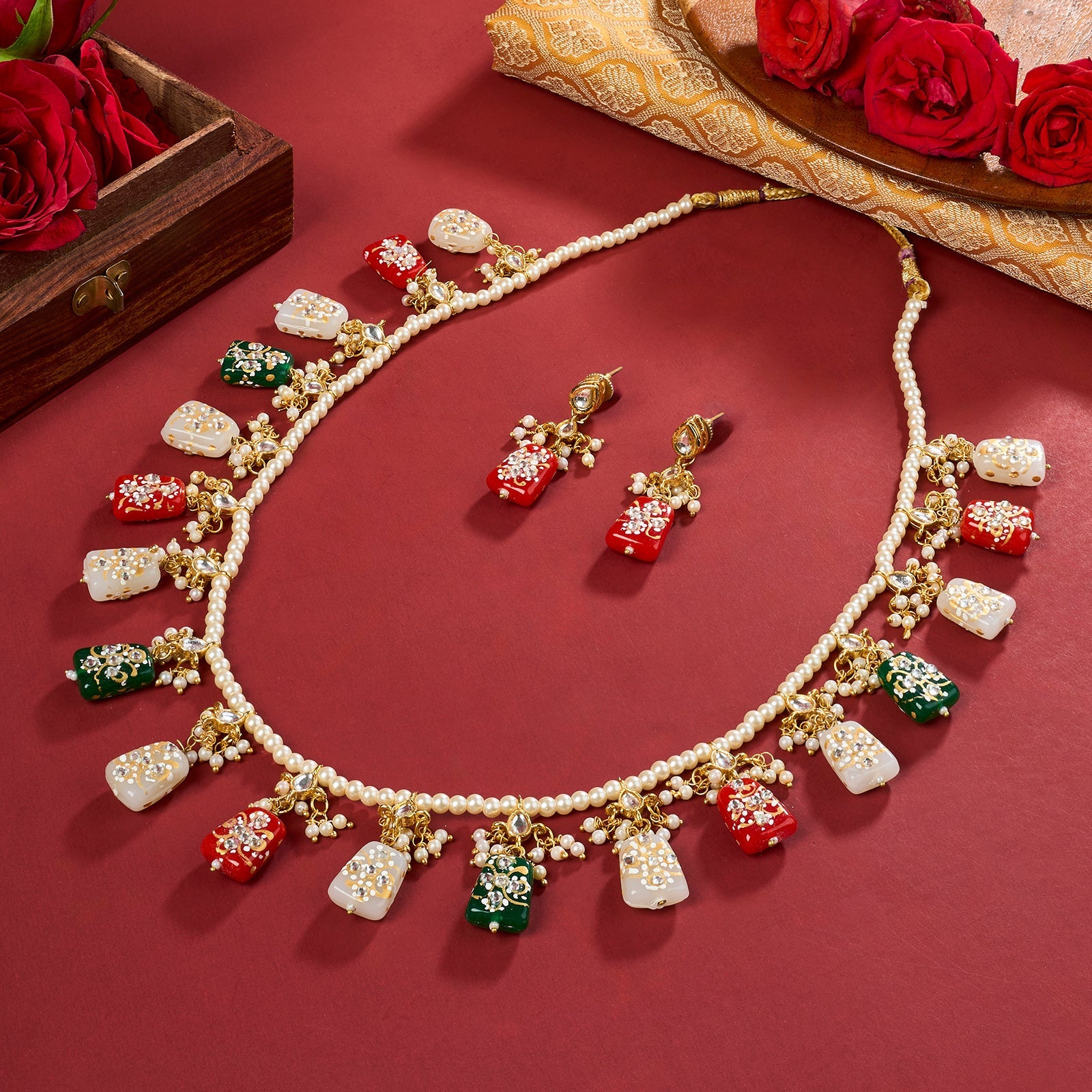 Teejh Idhika Red-White-Green  Beaded Necklace Set