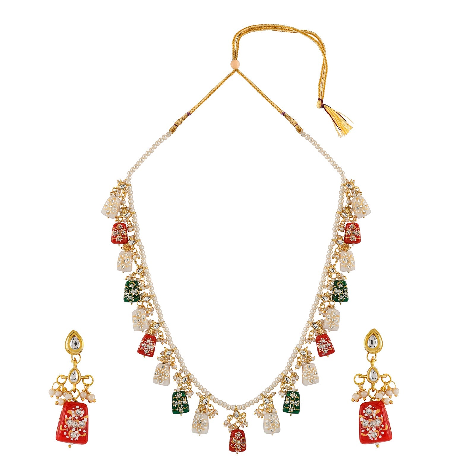 Teejh Idhika Red-White-Green  Beaded Necklace Set