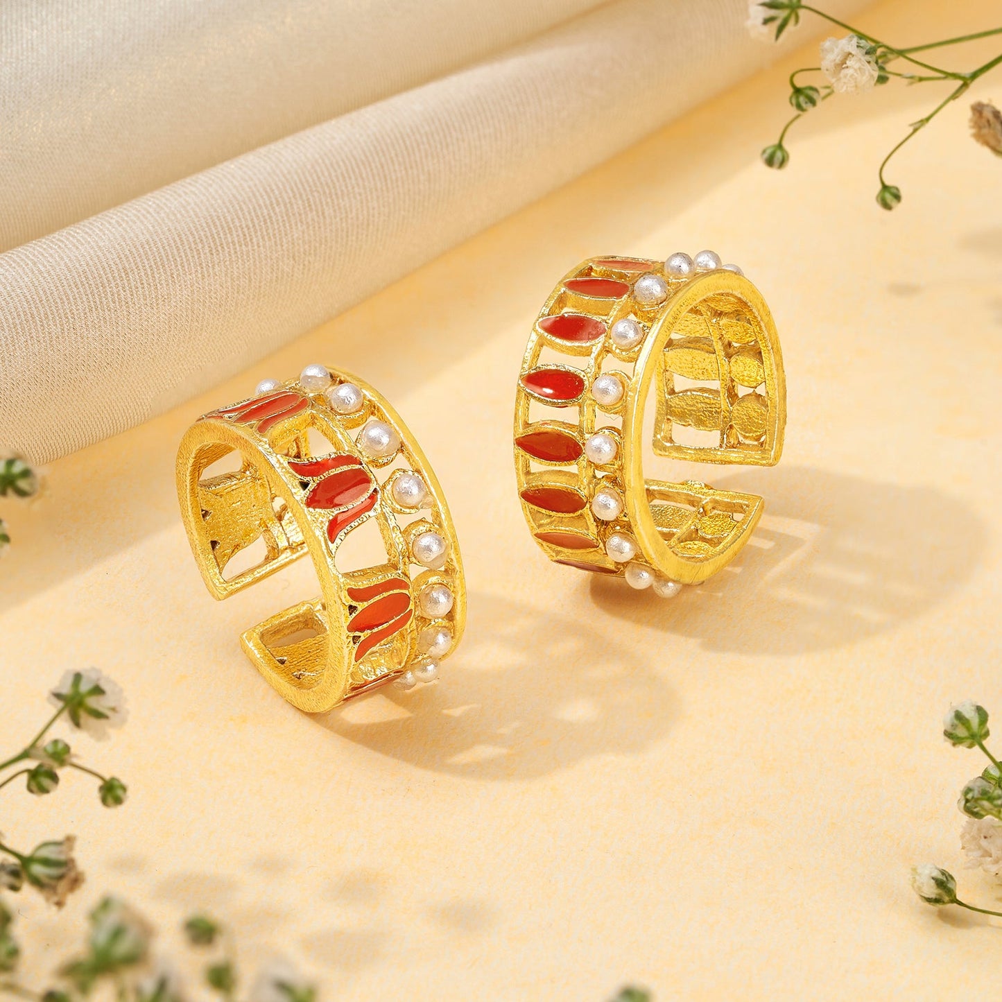 Teejh Falak Red and Gold Enamel Ring Set