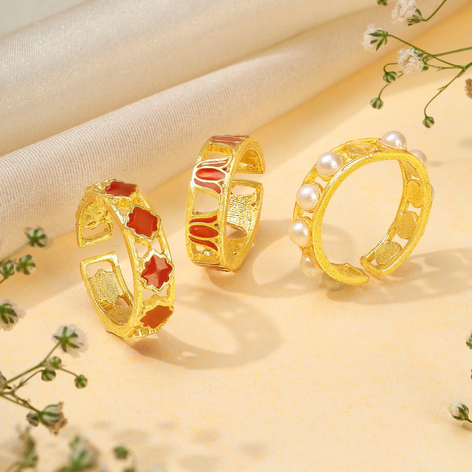 Teejh Prerana Red and Gold Enamel Ring Set