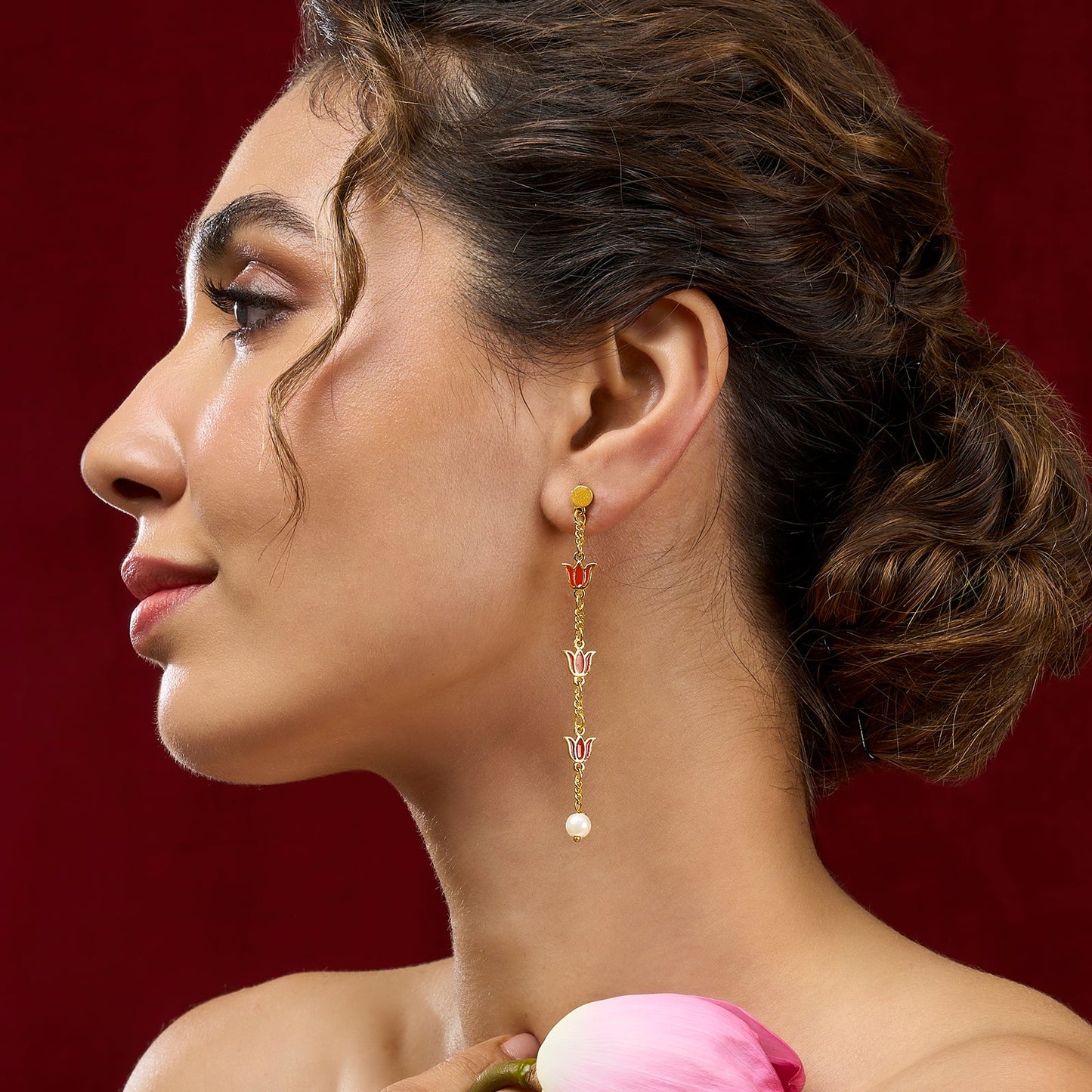 Teejh Chahat Red and Gold Enamle Dangler Earrings