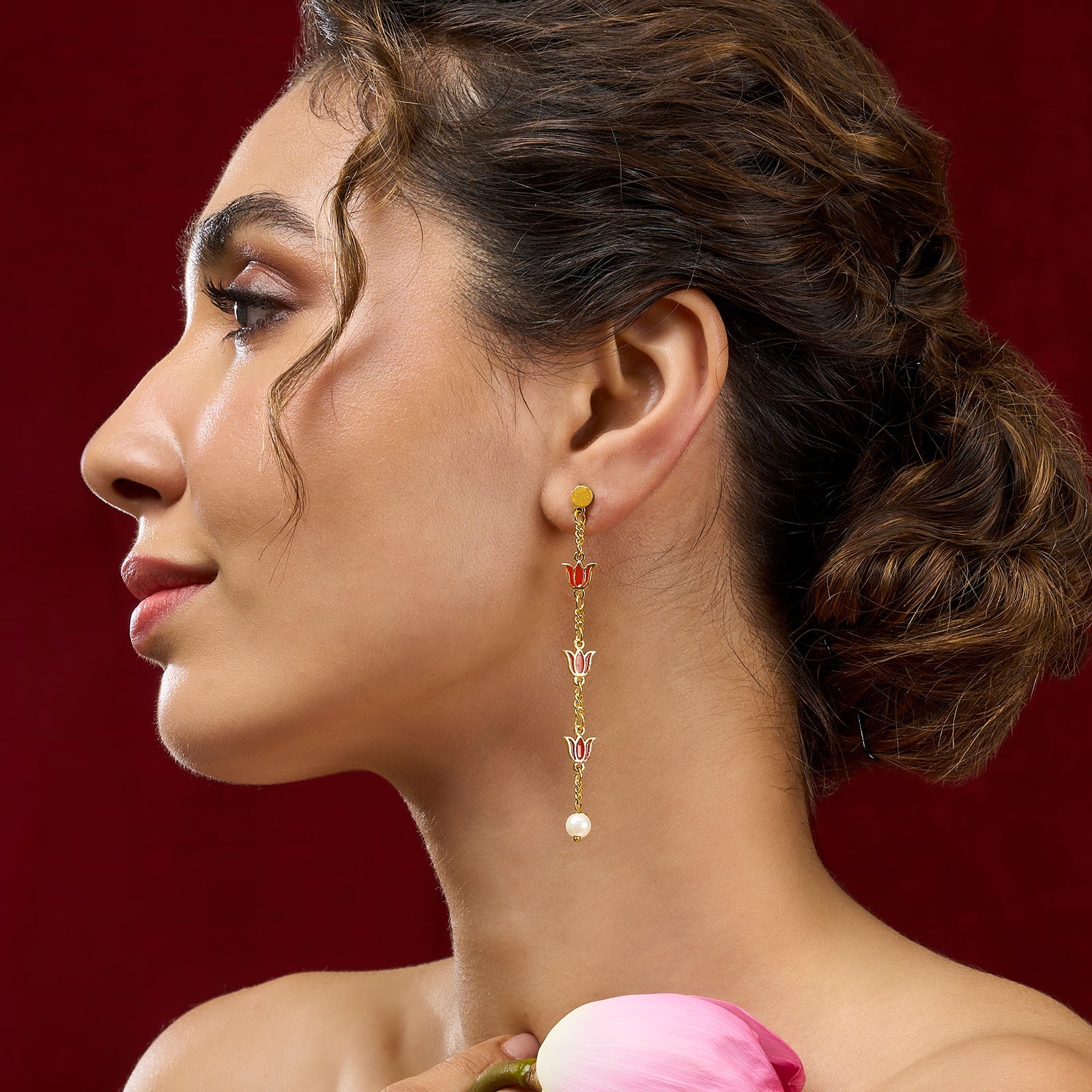 Teejh Chahat Red and Gold Enamle Dangler Earrings