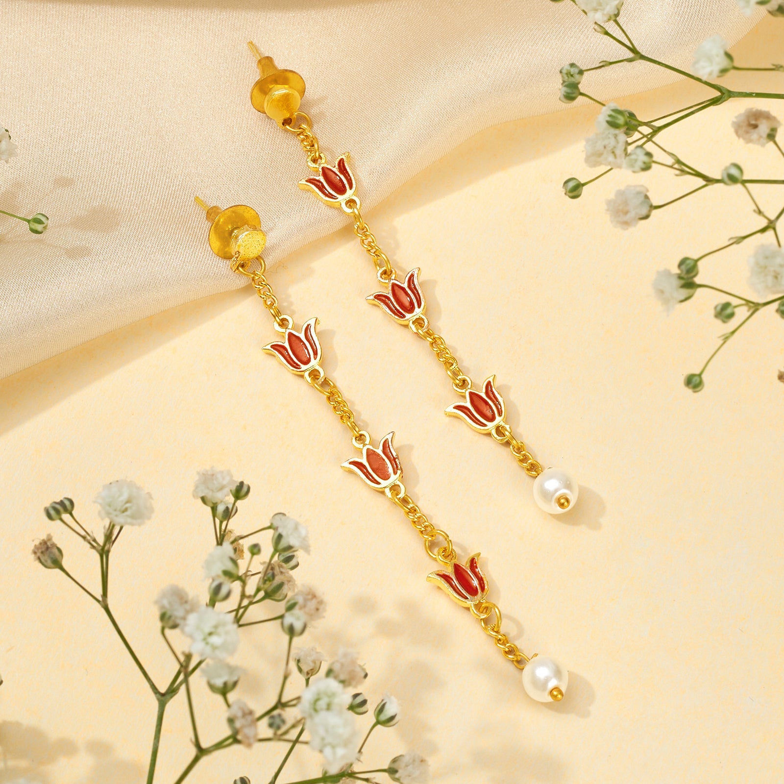 Teejh Chahat Red and Gold Enamle Dangler Earrings