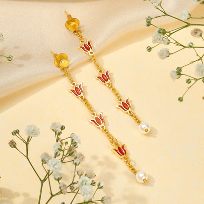 Teejh Chahat Red and Gold Enamle Dangler Earrings
