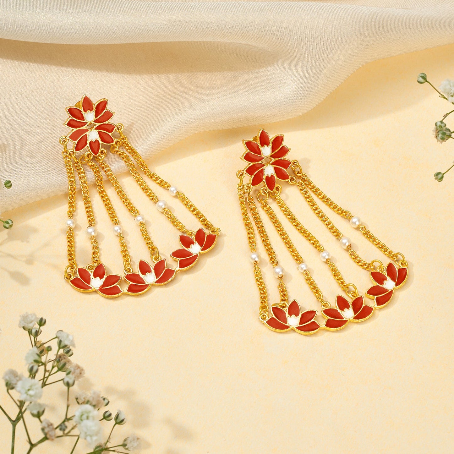 Teejh Girika Red and Gold Enamel Dangler Earrings