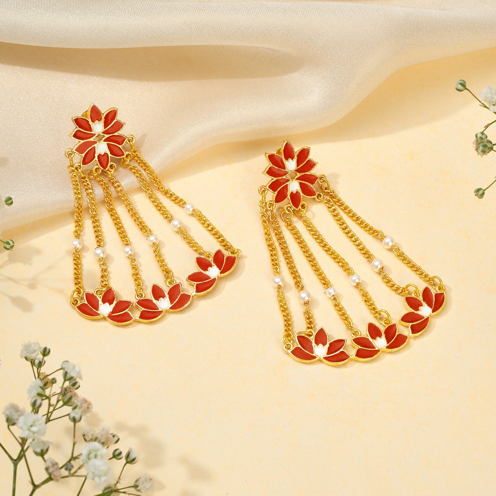 Teejh Girika Red and Gold Enamel Dangler Earrings