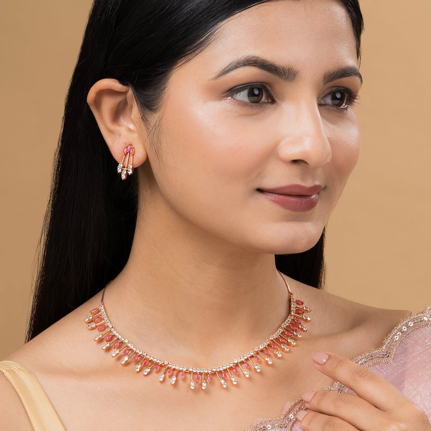 Teejh Madhur Mantra Cz stones Ruby and  Rosegold Necklace Set