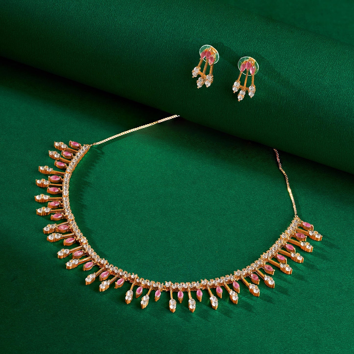 Teejh Madhur Mantra Cz stones Ruby and  Rosegold Necklace Set