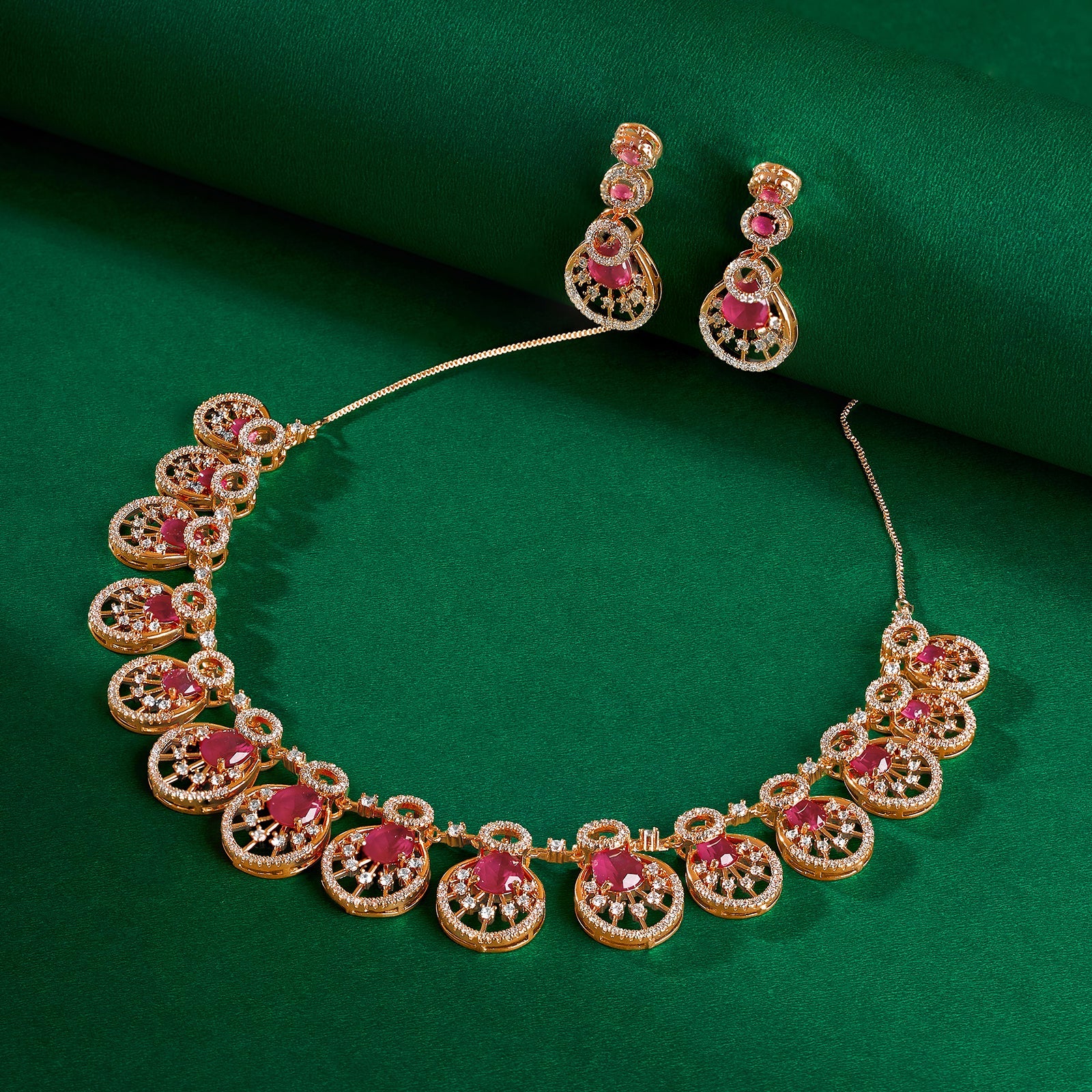 Teejh Chandni Charisma Red and Rosegold CZ stones Necklace Set