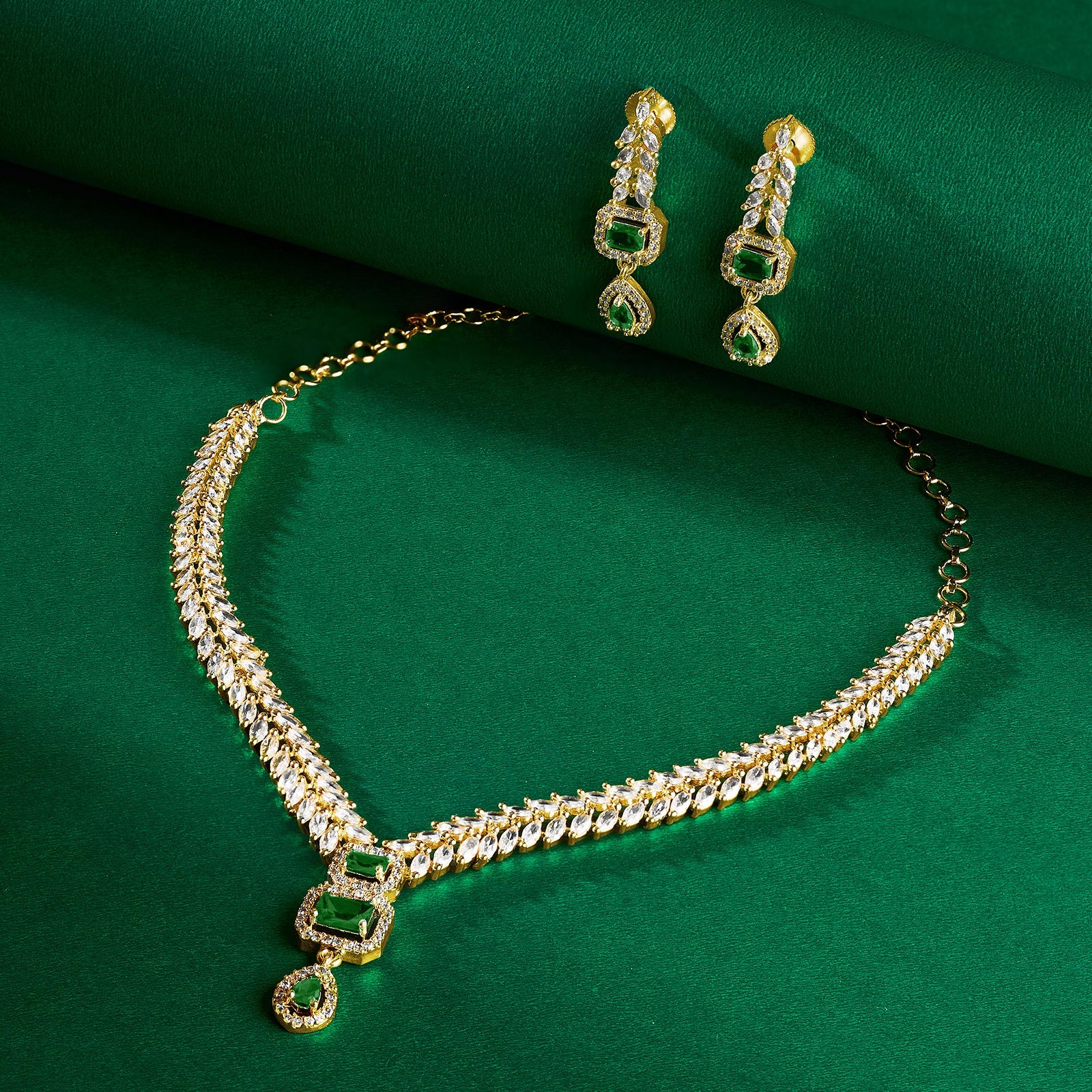 Teejh Sparki Gold and Green CZ Stone Necklace set