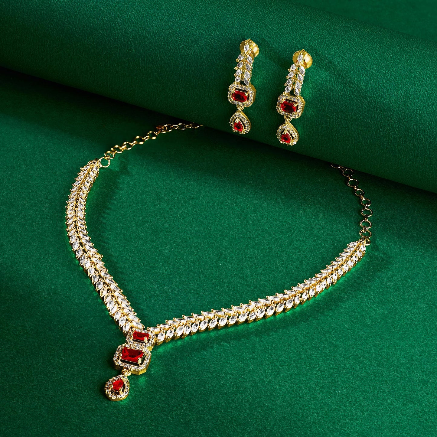 Teejh Sparki Gold and Red CZ Stone Necklace set