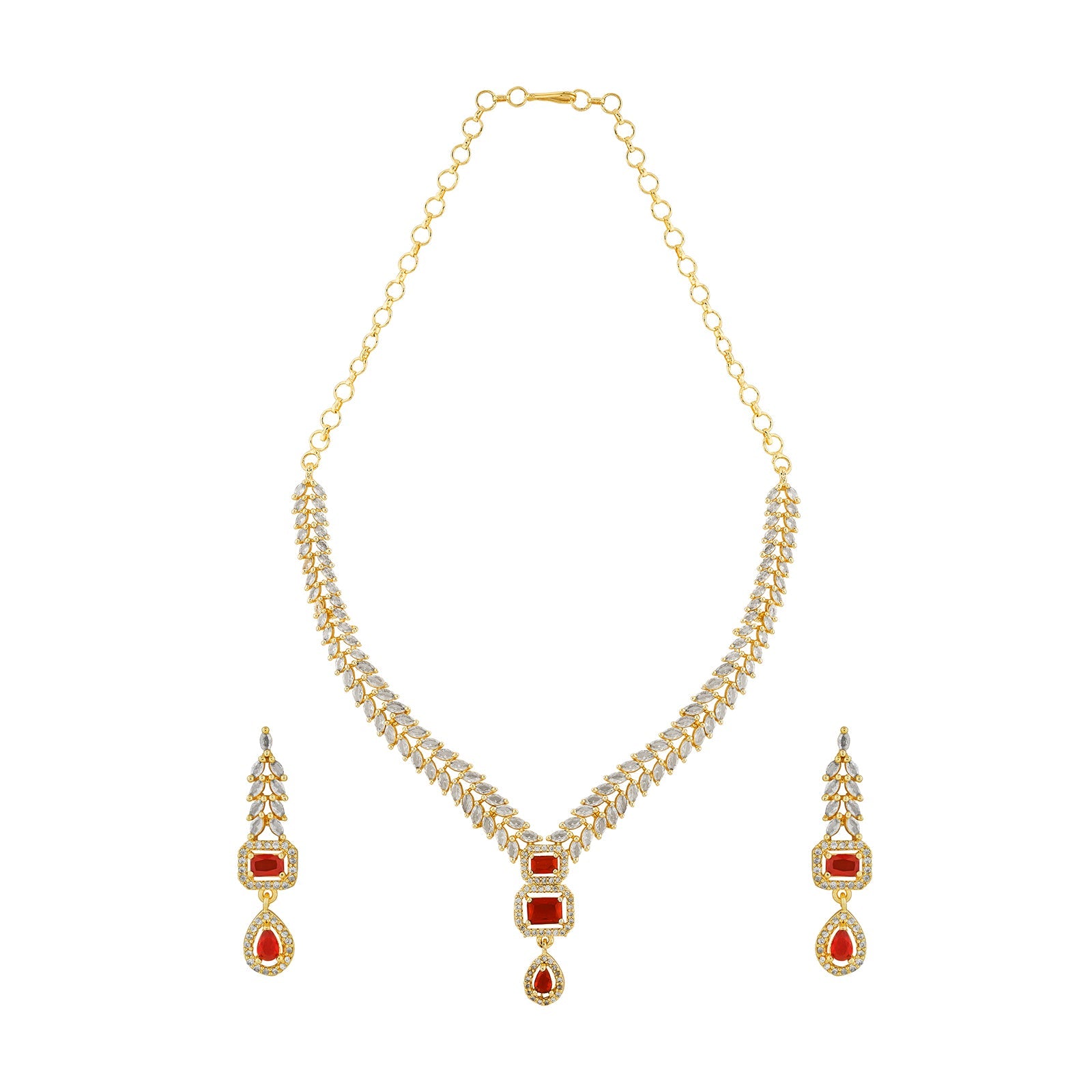 Teejh Sparki Gold and Red CZ Stone Necklace set