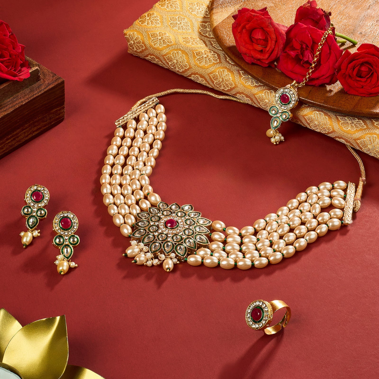 Teejh Ghazal Red and Green Gold Necklace Set