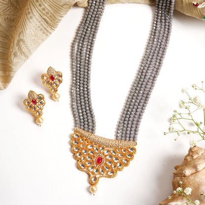Teejh Ranihaar Light Grey Beads And Stone Necklace Set
