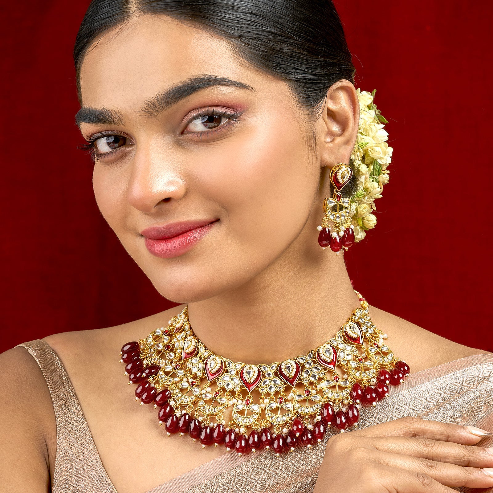 Teejh Sumana Maroon beaded Gold Necklace set