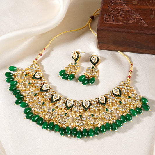 Teejh Sumana Green beaded Gold Necklace set