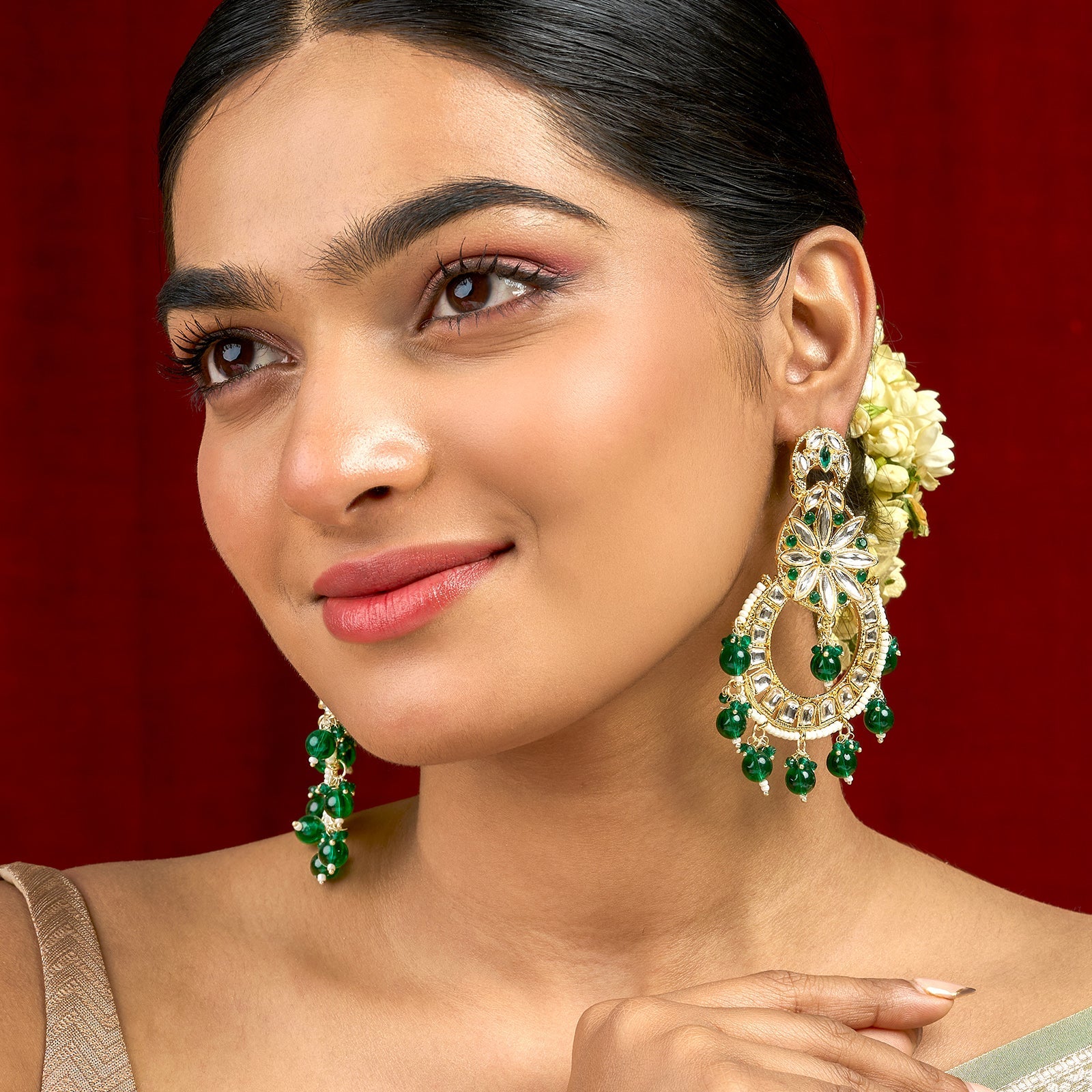 Teejh Zuri Green Gold Chandbali Earrings