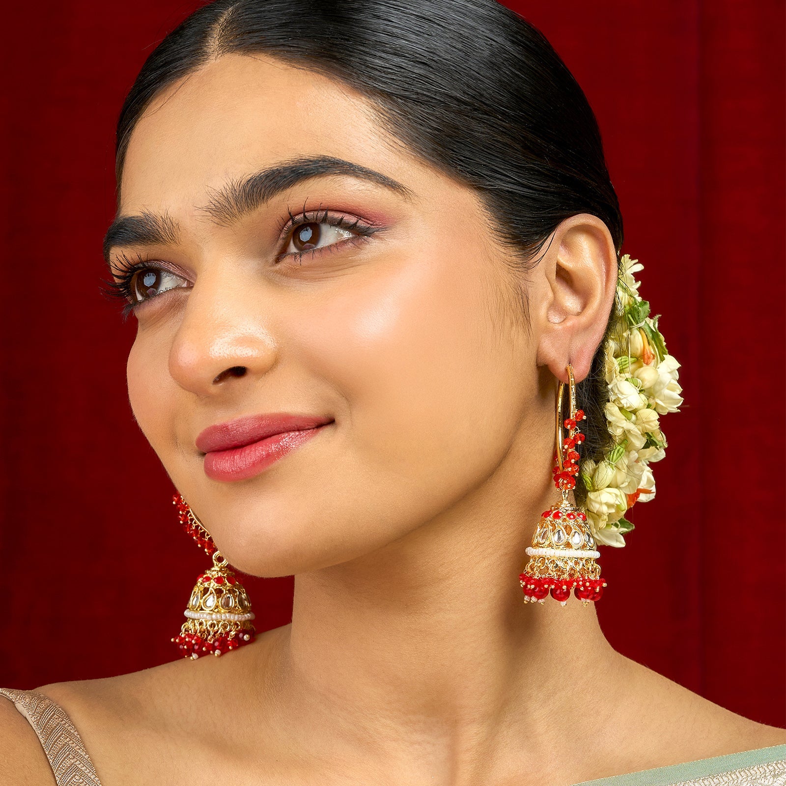 Teejh Raha Red Gold Jhumki Earrings