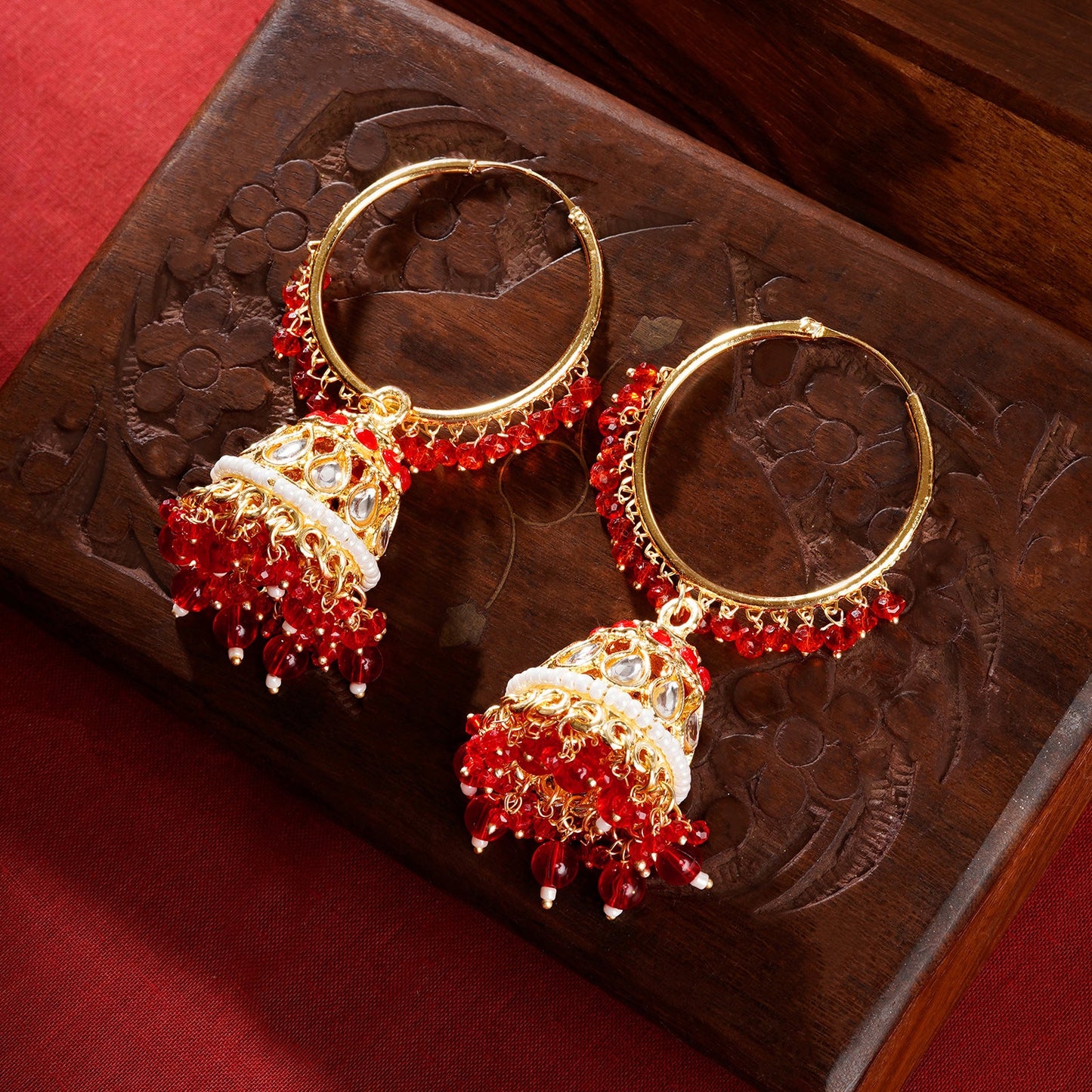 Teejh Raha Red Gold Jhumki Earrings