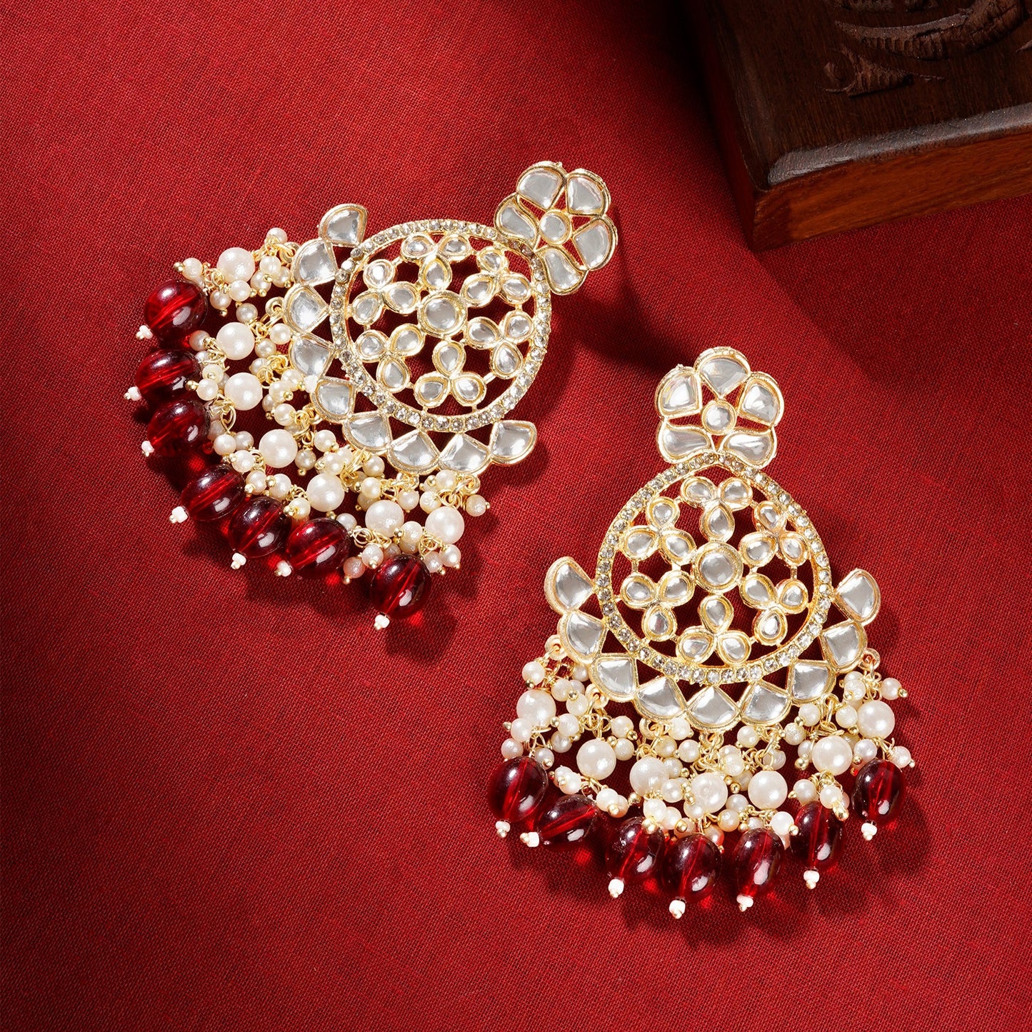 Teejh Rosa Maroon Gold chandbali Earrings