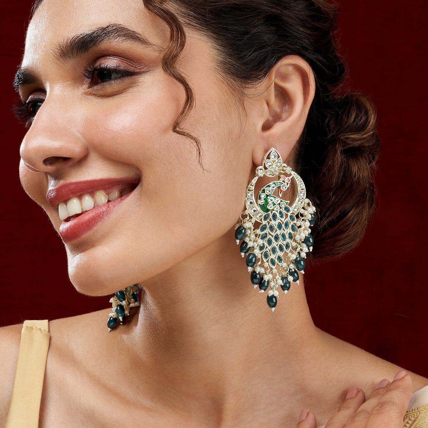 Teejh Morani Blue Peacock Motif Gold Earrings