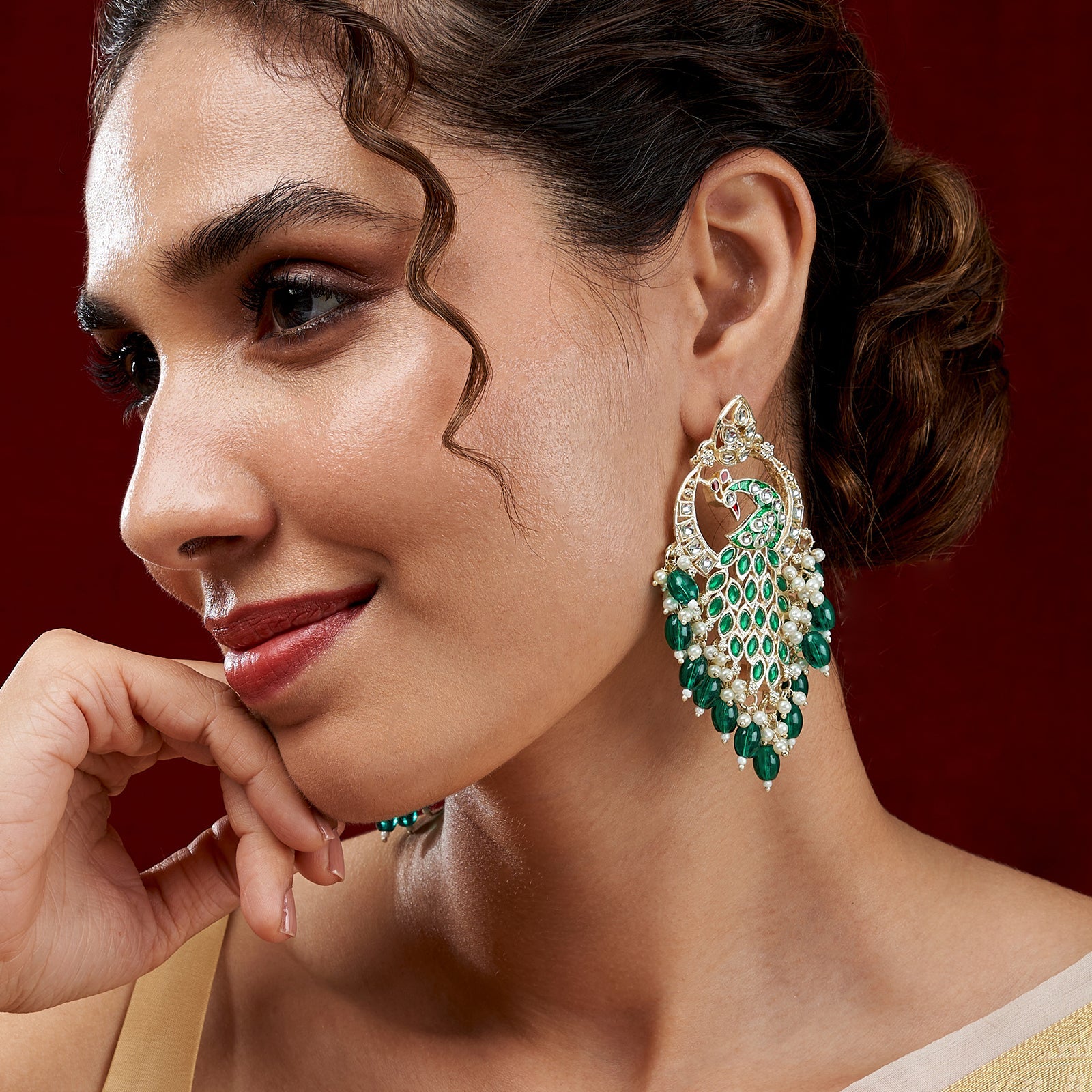 Teejh Morani Green Peacock Motif Gold Earrings