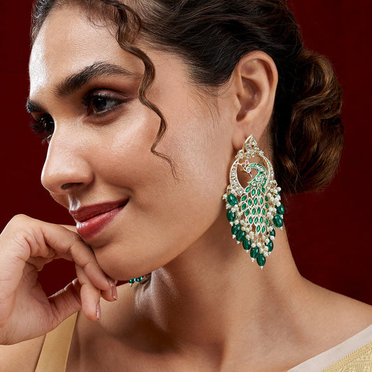 Teejh Morani Green Peacock Motif Gold Earrings