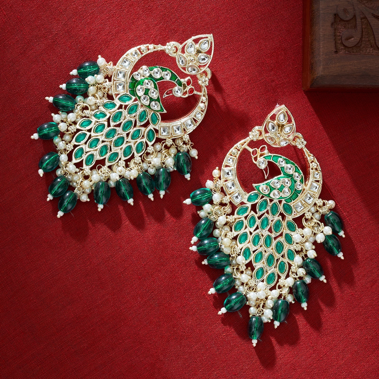 Teejh Morani Green Peacock Motif Gold Earrings