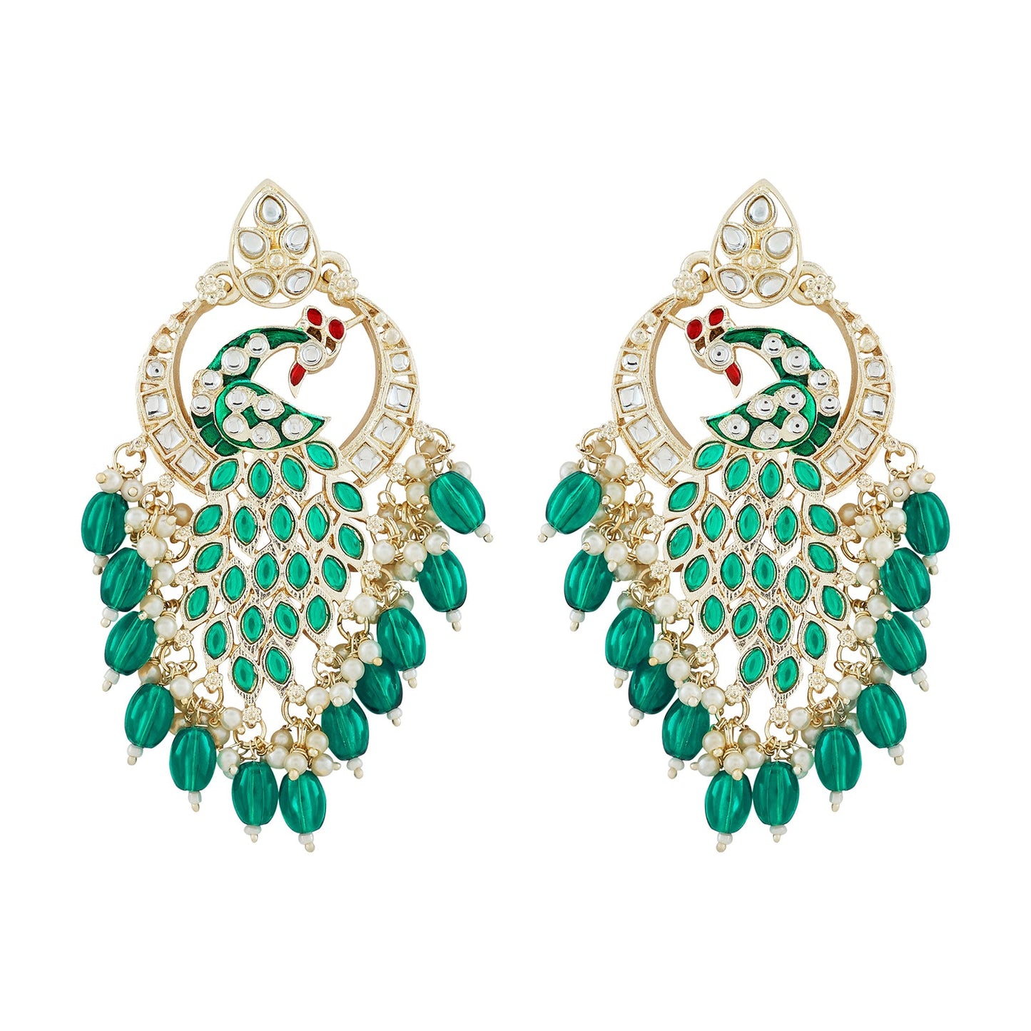 Teejh Morani Green Peacock Motif Gold Earrings