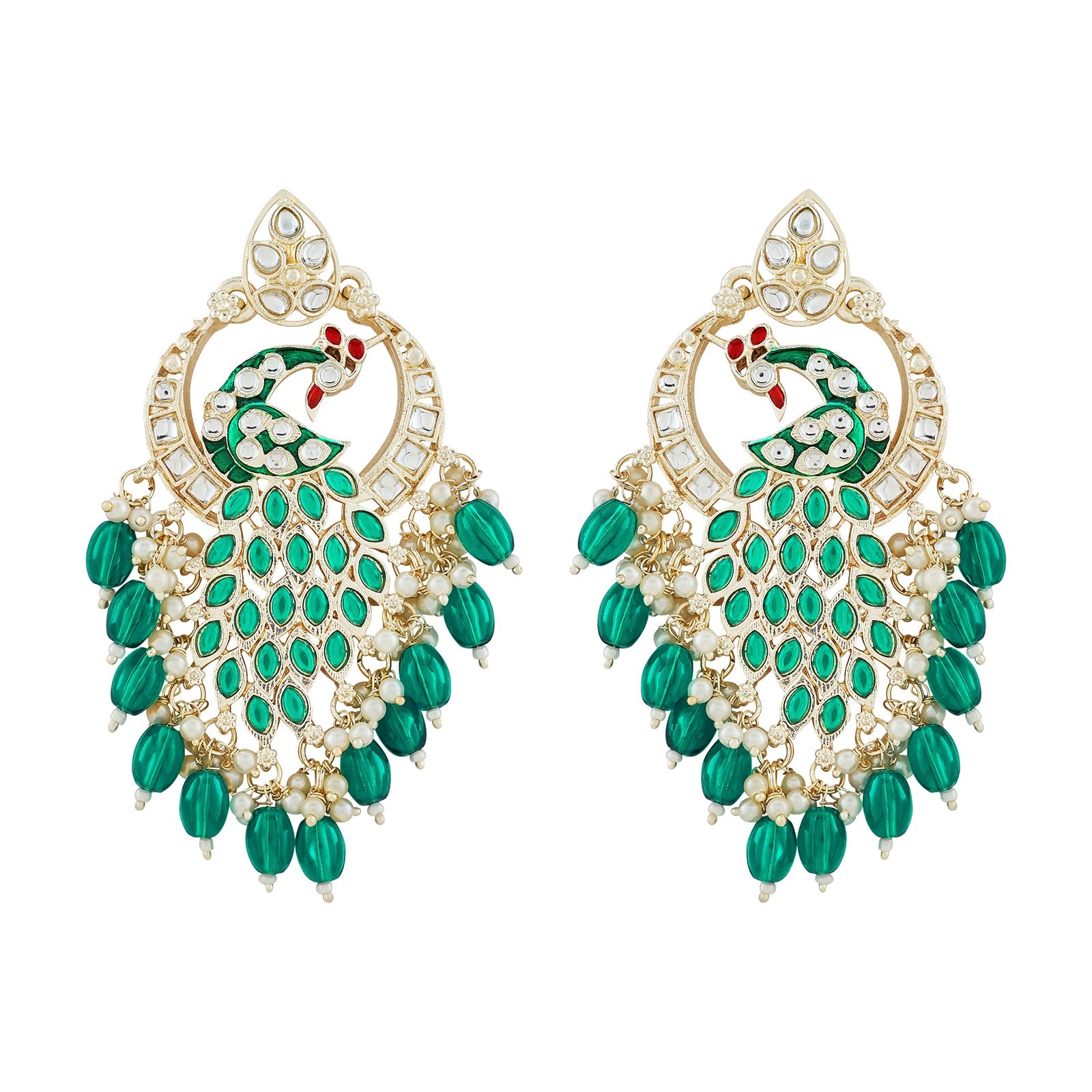 Teejh Morani Green Peacock Motif Gold Earrings