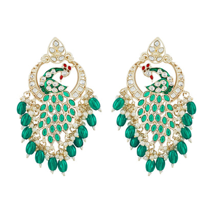 Teejh Morani Green Peacock Motif Gold Earrings