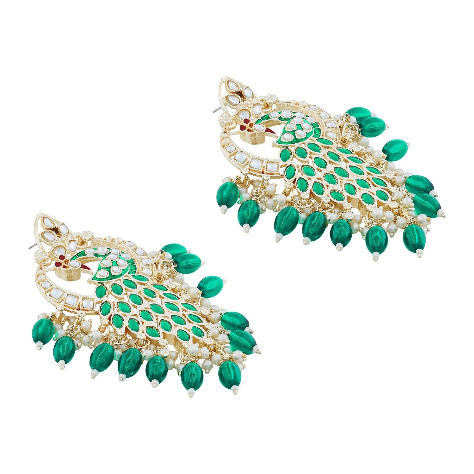 Teejh Morani Green Peacock Motif Gold Earrings