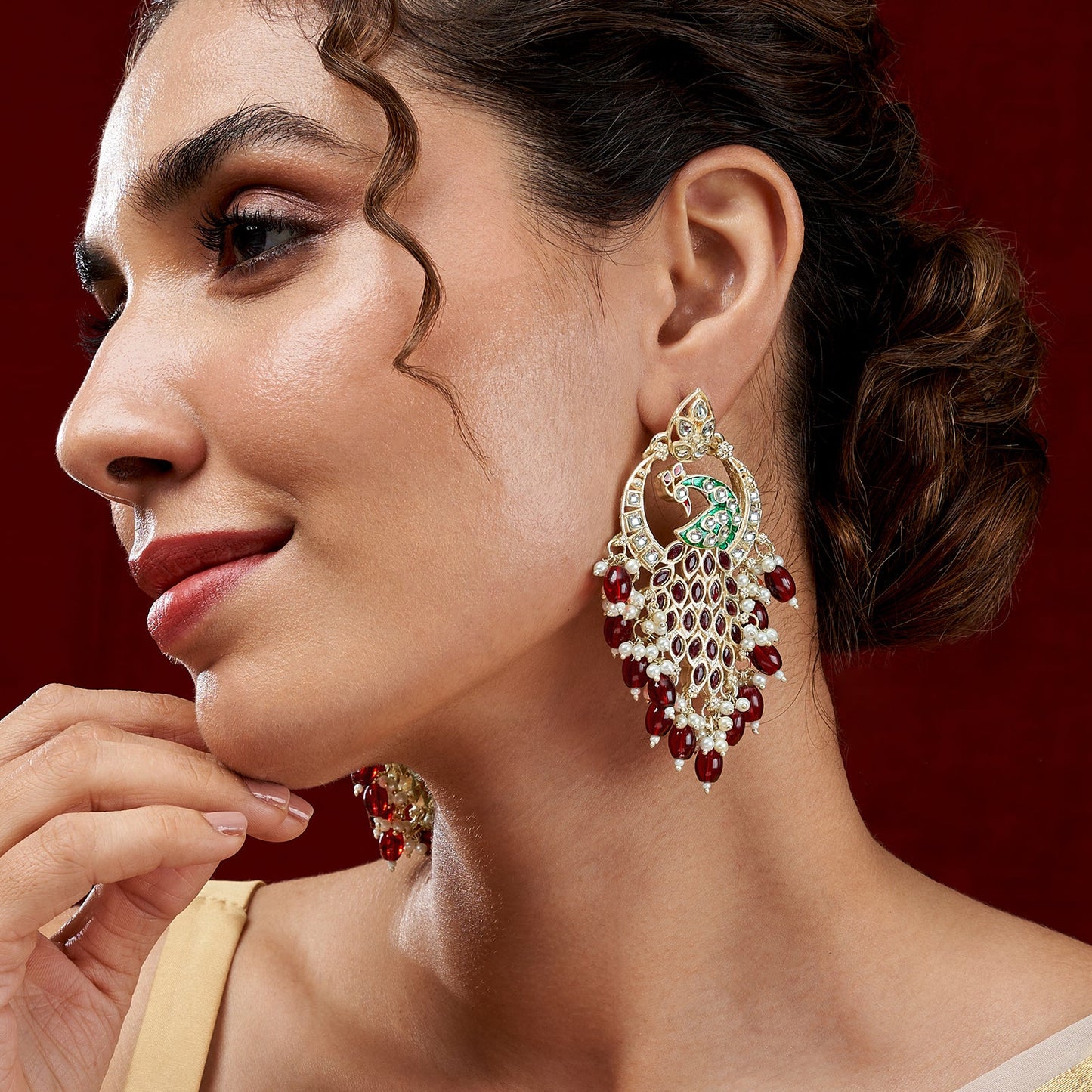 Teejh Morani Red Peacock Motif Gold Earrings