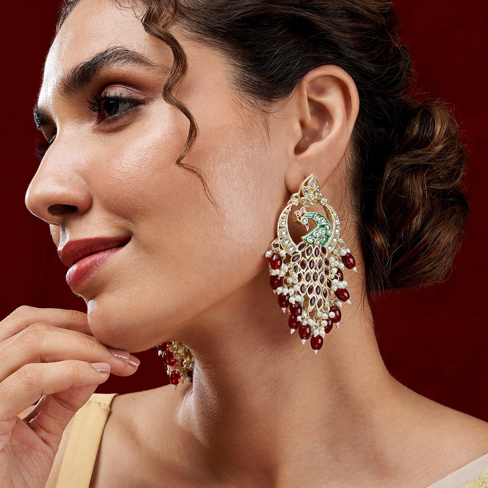 Teejh Morani Red Peacock Motif Gold Earrings