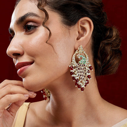 Teejh Morani Red Peacock Motif Gold Earrings