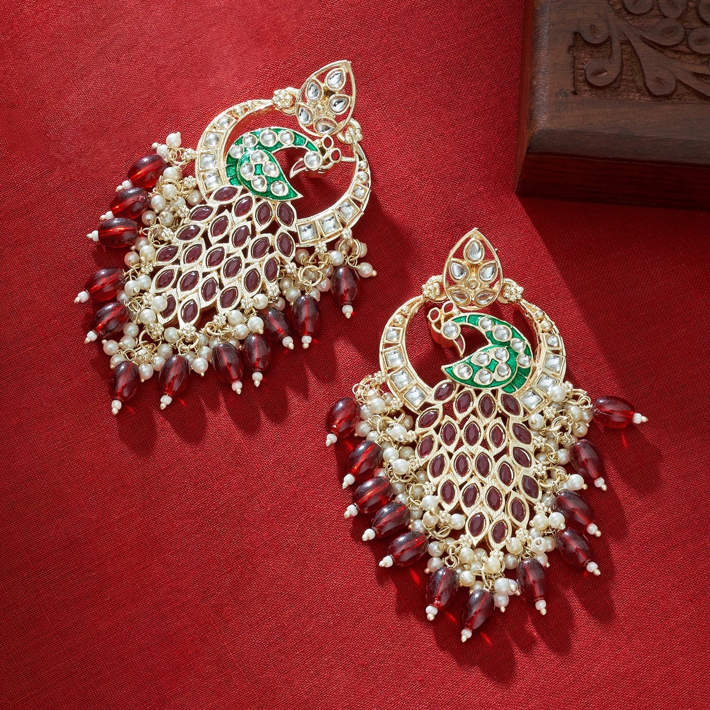 Teejh Morani Red Peacock Motif Gold Earrings