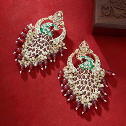Teejh Morani Red Peacock Motif Gold Earrings