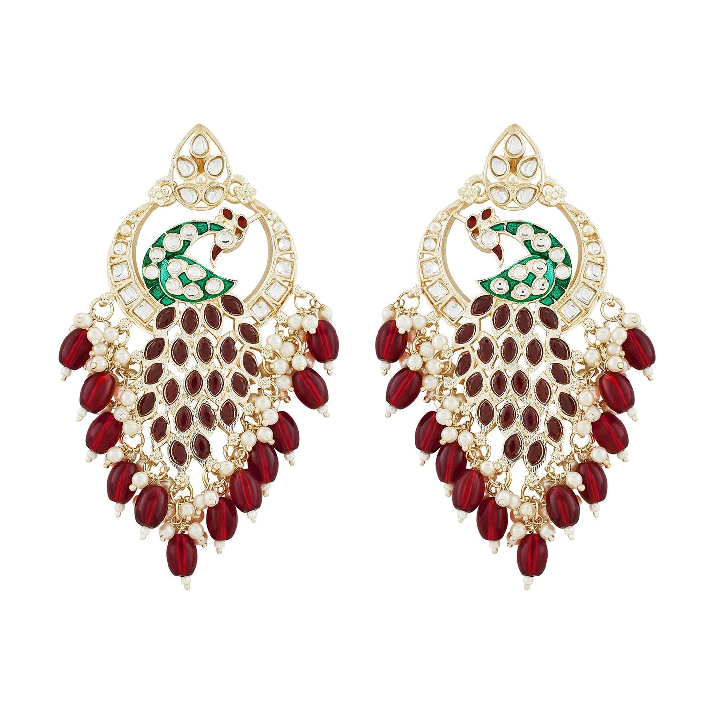 Teejh Morani Red Peacock Motif Gold Earrings