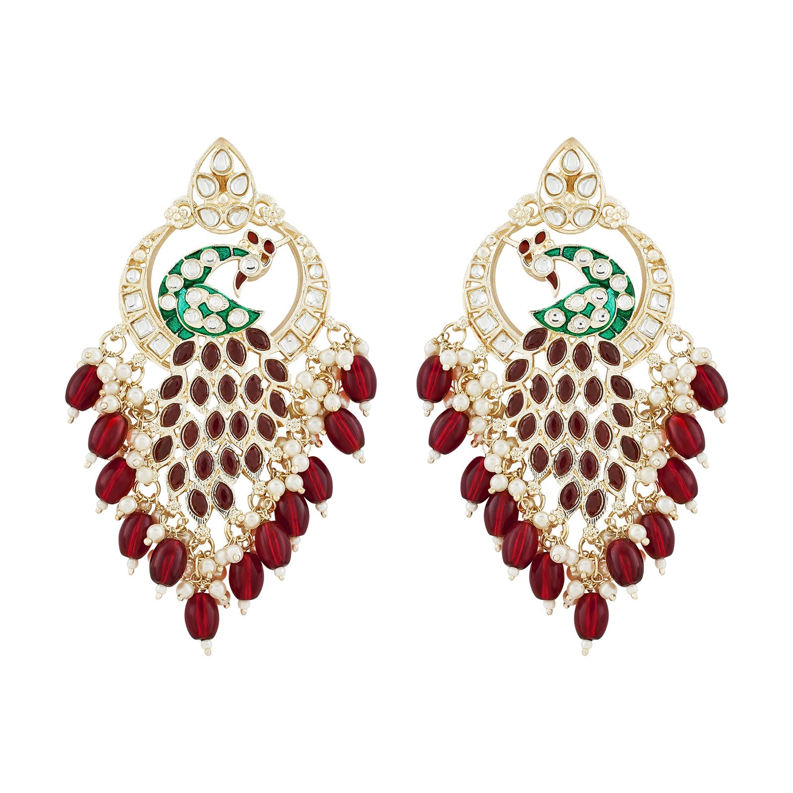 Teejh Morani Red Peacock Motif Gold Earrings