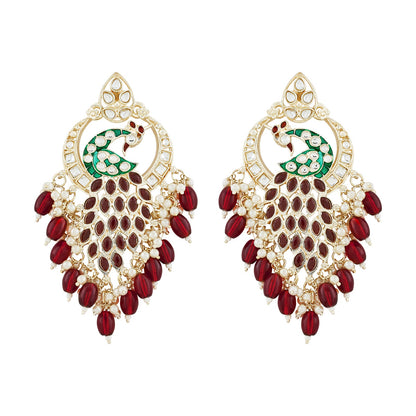 Teejh Morani Red Peacock Motif Gold Earrings