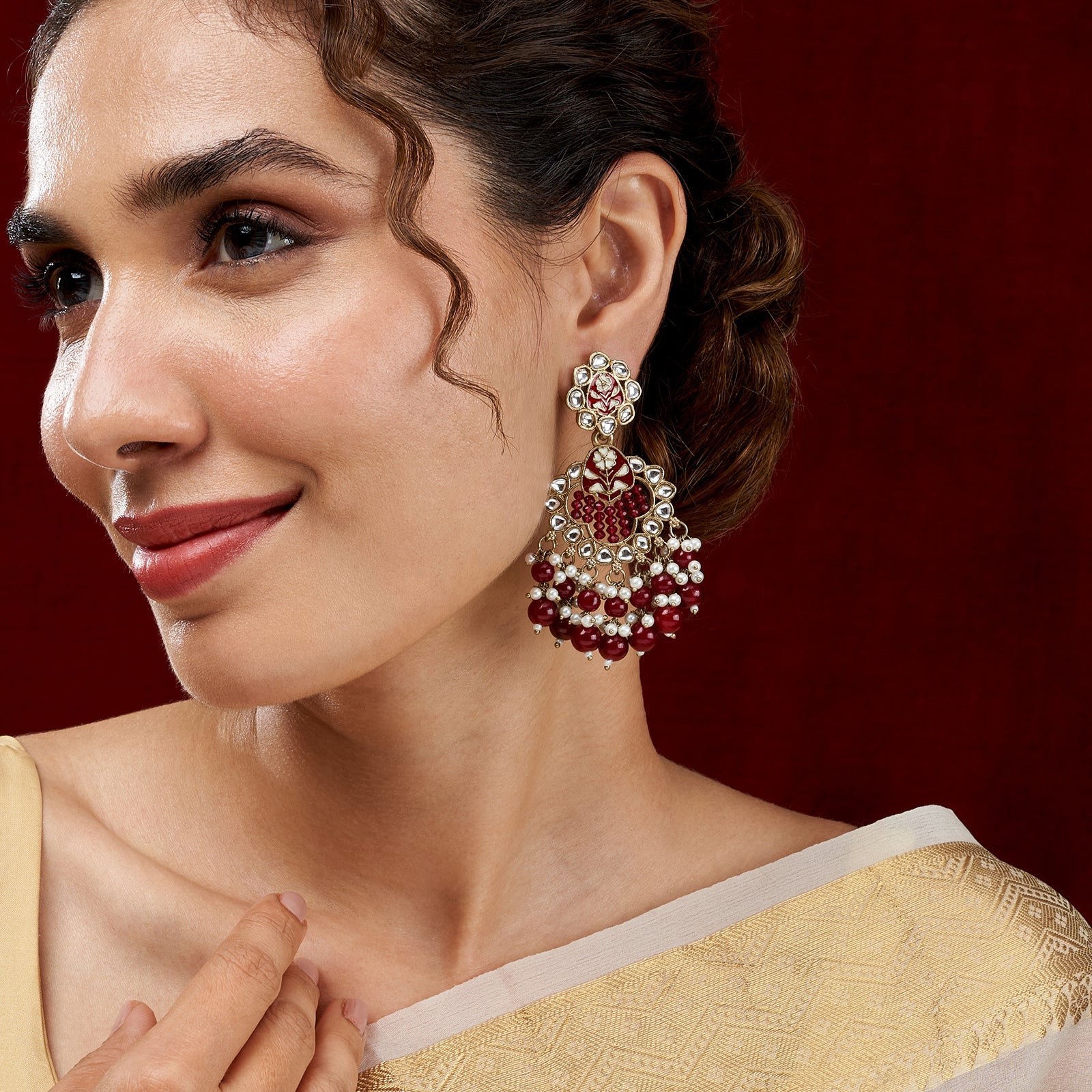Teejh Maria Red Bead Gold Oxidised Earrings
