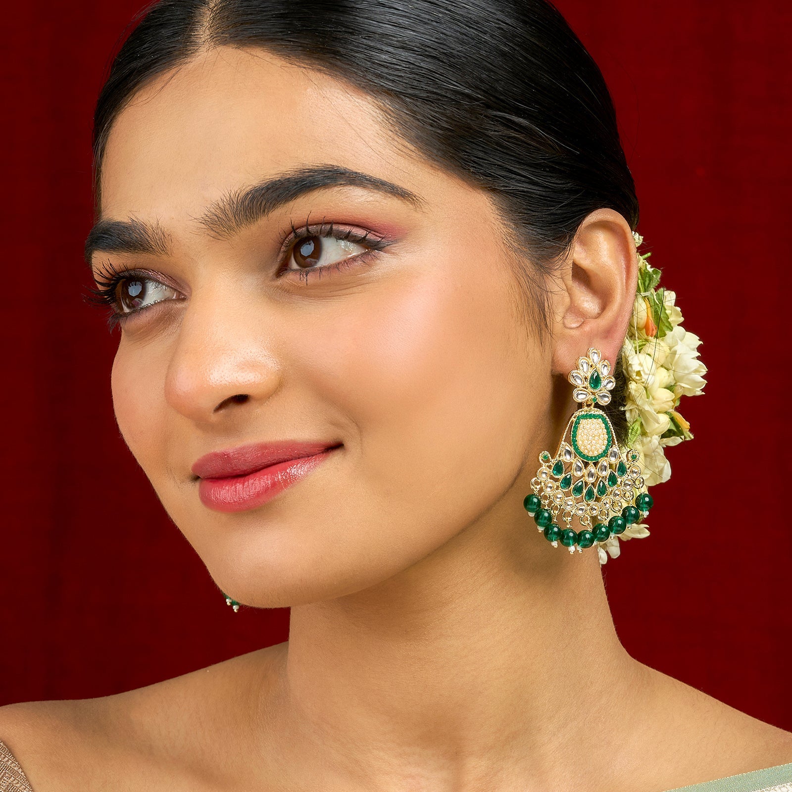 Teejh Ineya Green Bead Gold Earrings