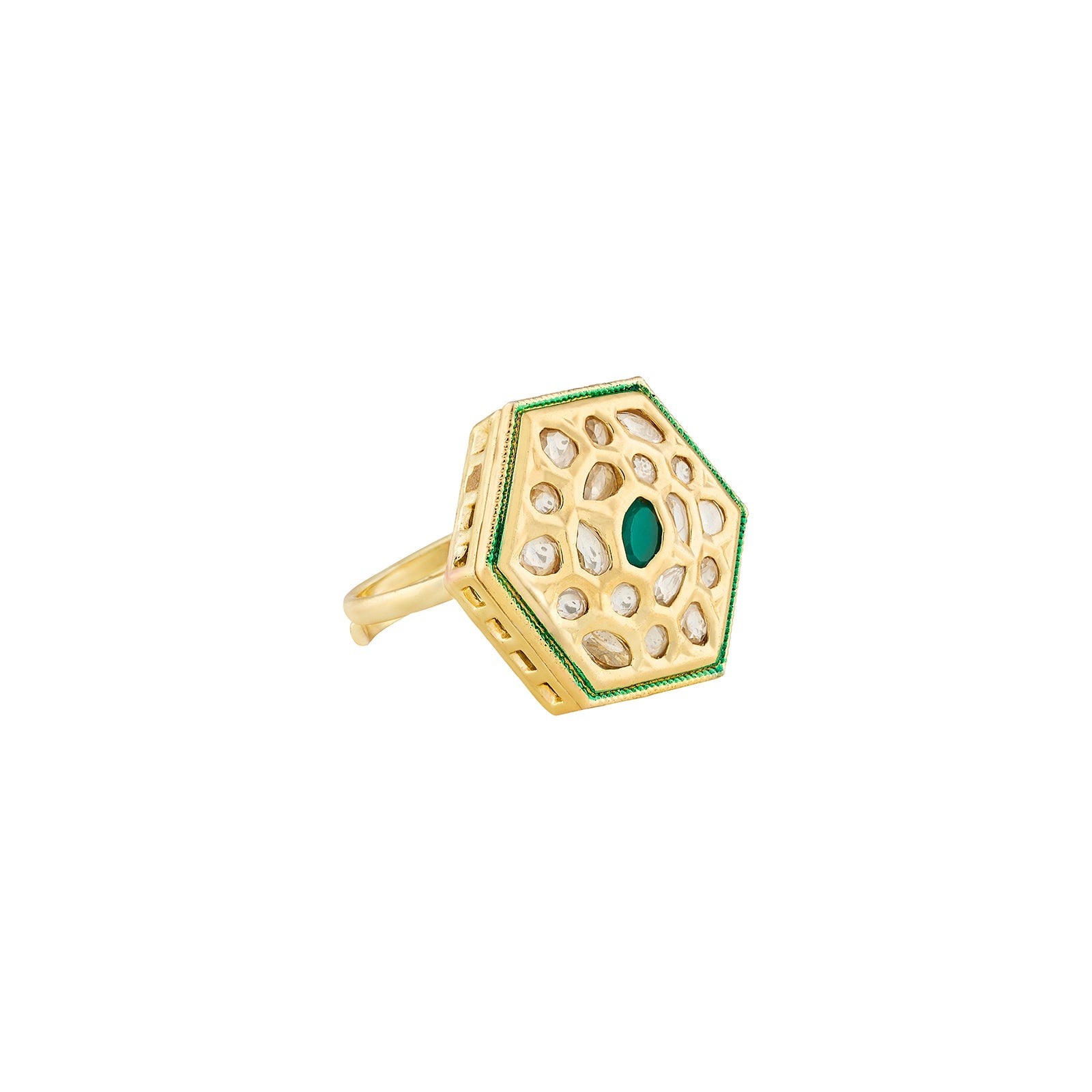 Teejh Smita Green and Gold Hexagon shaped Ring