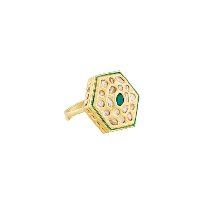 Teejh Smita Green and Gold Hexagon shaped Ring