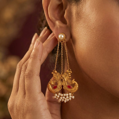 Teejh Varida Gold Oxidised Peacock Dangler Earring