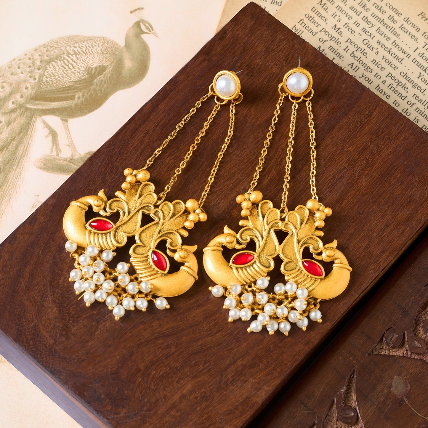 Teejh Varida Gold Oxidised Peacock Dangler Earring