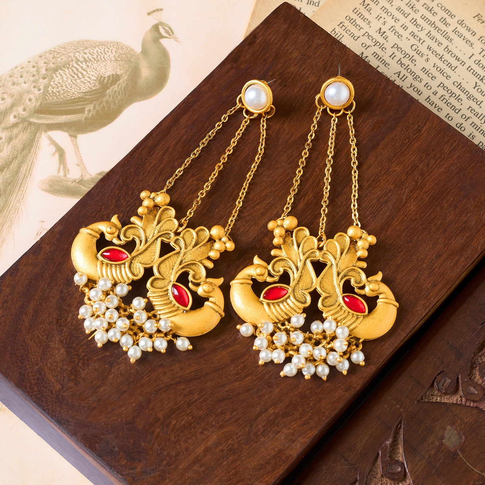 Teejh Varida Gold Oxidised Peacock Dangler Earring