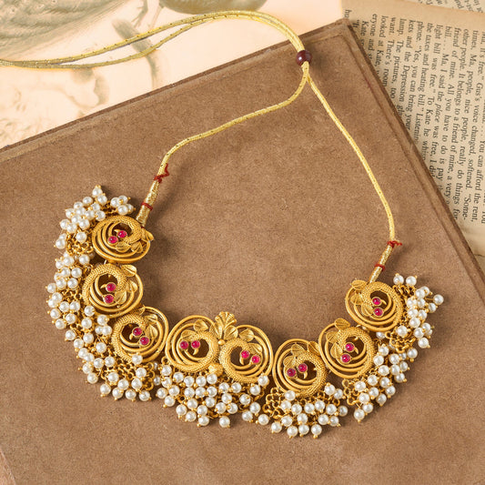 Teejh Navil Gold Oxidised Peacock  Choker Necklace