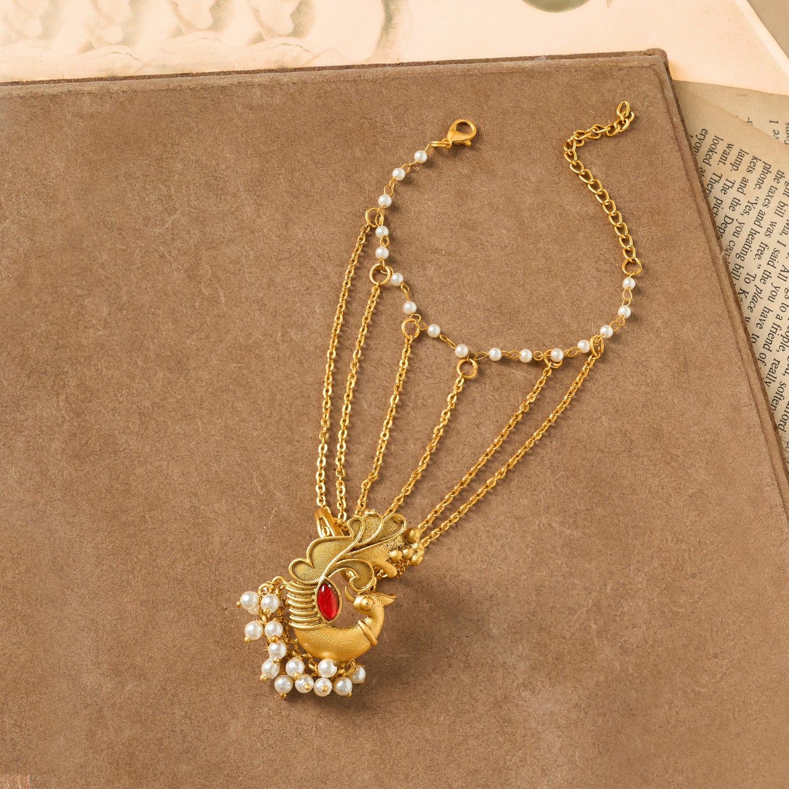 Teejh Tavus Gold Oxidised Peacock Hathphool